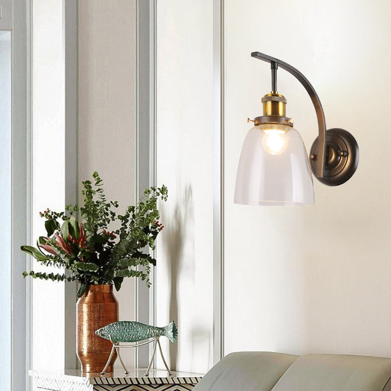 One Bulb Clear Glass Sconce Light Fixture Vintage Black Dome Living Room Wall Lamp Clearhalo 'Cast Iron' 'Glass' 'Industrial wall lights' 'Industrial' 'Middle century wall lights' 'Modern' 'Tiffany' 'Traditional wall lights' 'Wall Lamps & Sconces' 'Wall Lights' Lighting' 140523