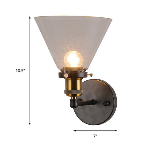 Clear Glass Black Wall Sconce Lighting Cone 1-Light Antique Light Fixture for Kitchen Clearhalo 'Cast Iron' 'Glass' 'Industrial' 'Modern wall lights' 'Modern' 'Tiffany' 'Traditional wall lights' 'Wall Lamps & Sconces' 'Wall Lights' Lighting' 140543