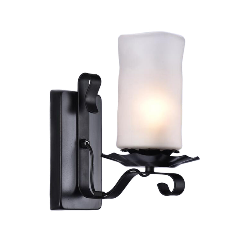 Cylinder Bathroom Sconce Light Fixture Industrial Frosted Glass 1 Light Black Wall Lamp Clearhalo 'Cast Iron' 'Glass' 'Industrial wall lights' 'Industrial' 'Middle century wall lights' 'Modern' 'Tiffany' 'Traditional wall lights' 'Wall Lamps & Sconces' 'Wall Lights' Lighting' 140585