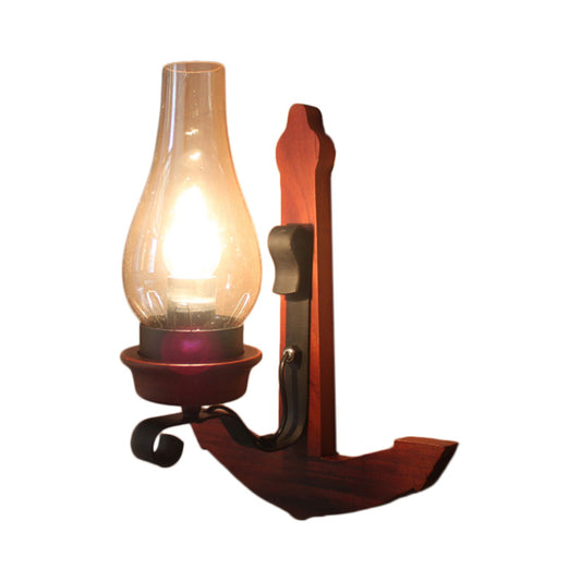 Vase Porch Sconce Light Fixture Industrial Clear Glass Rust Wall Lamp with Wooden Backplate Clearhalo 'Industrial wall lights' 'Industrial' 'Middle century wall lights' 'Rustic wall lights' 'Tiffany' 'Wall Lamps & Sconces' 'Wall Lights' Lighting' 140608
