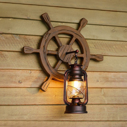 Lantern Clear Glass Wall Mounted Lamp Industrial Single Bulb Bedroom Sconce Light in Rust with Wood Rudder Copper Clearhalo 'Industrial wall lights' 'Industrial' 'Middle century wall lights' 'Rustic wall lights' 'Tiffany' 'Wall Lamps & Sconces' 'Wall Lights' Lighting' 140651