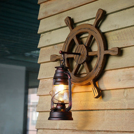Lantern Clear Glass Wall Mounted Lamp Industrial Single Bulb Bedroom Sconce Light in Rust with Wood Rudder Clearhalo 'Industrial wall lights' 'Industrial' 'Middle century wall lights' 'Rustic wall lights' 'Tiffany' 'Wall Lamps & Sconces' 'Wall Lights' Lighting' 140652