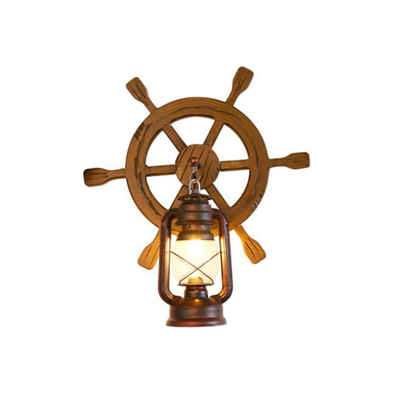 Lantern Clear Glass Wall Mounted Lamp Industrial Single Bulb Bedroom Sconce Light in Rust with Wood Rudder Clearhalo 'Industrial wall lights' 'Industrial' 'Middle century wall lights' 'Rustic wall lights' 'Tiffany' 'Wall Lamps & Sconces' 'Wall Lights' Lighting' 140653