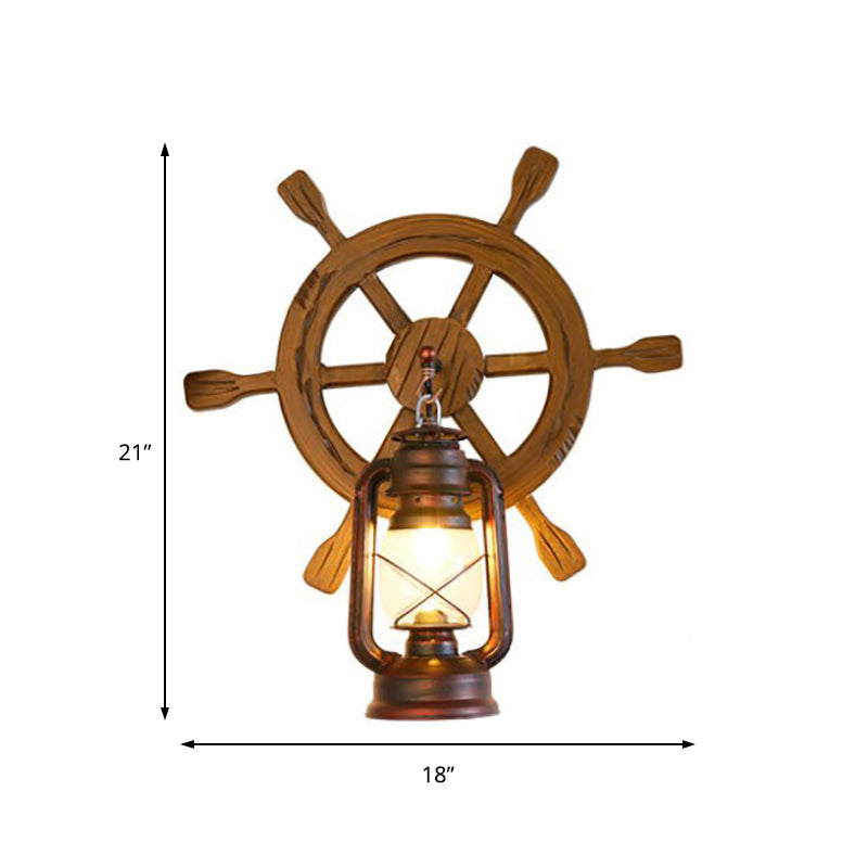 Lantern Clear Glass Wall Mounted Lamp Industrial Single Bulb Bedroom Sconce Light in Rust with Wood Rudder Clearhalo 'Industrial wall lights' 'Industrial' 'Middle century wall lights' 'Rustic wall lights' 'Tiffany' 'Wall Lamps & Sconces' 'Wall Lights' Lighting' 140654
