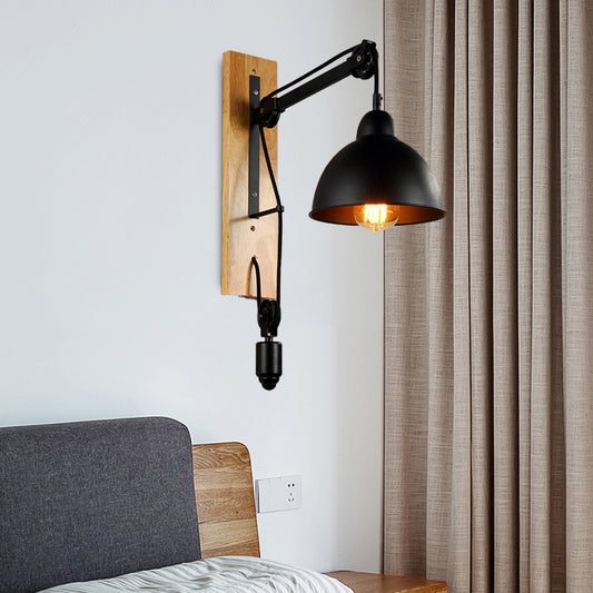 Domed Indoor Wall Mount Light Industrial Metal 1 Head Black Sconce Light with Beige/Brown Wood Backplate and Pulley Clearhalo 'Cast Iron' 'Glass' 'Industrial' 'Modern wall lights' 'Modern' 'Tiffany' 'Traditional wall lights' 'Wall Lamps & Sconces' 'Wall Lights' Lighting' 140666
