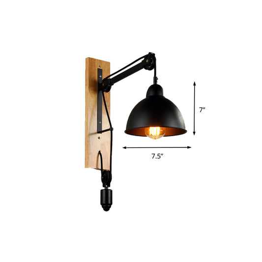 Domed Indoor Wall Mount Light Industrial Metal 1 Head Black Sconce Light with Beige/Brown Wood Backplate and Pulley Clearhalo 'Cast Iron' 'Glass' 'Industrial' 'Modern wall lights' 'Modern' 'Tiffany' 'Traditional wall lights' 'Wall Lamps & Sconces' 'Wall Lights' Lighting' 140668