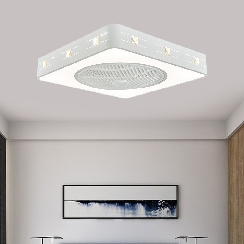 Square Embellished Crystal Hanging Fan Lamp Contemporary 21.5" Width LED Bedroom Semi Flush Light in White Clearhalo 'Ceiling Fans with Lights' 'Ceiling Fans' 'Modern Ceiling Fans' 'Modern' Lighting' 1409147