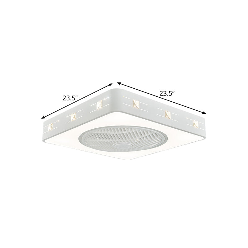 Square Embellished Crystal Hanging Fan Lamp Contemporary 21.5" Width LED Bedroom Semi Flush Light in White Clearhalo 'Ceiling Fans with Lights' 'Ceiling Fans' 'Modern Ceiling Fans' 'Modern' Lighting' 1409150