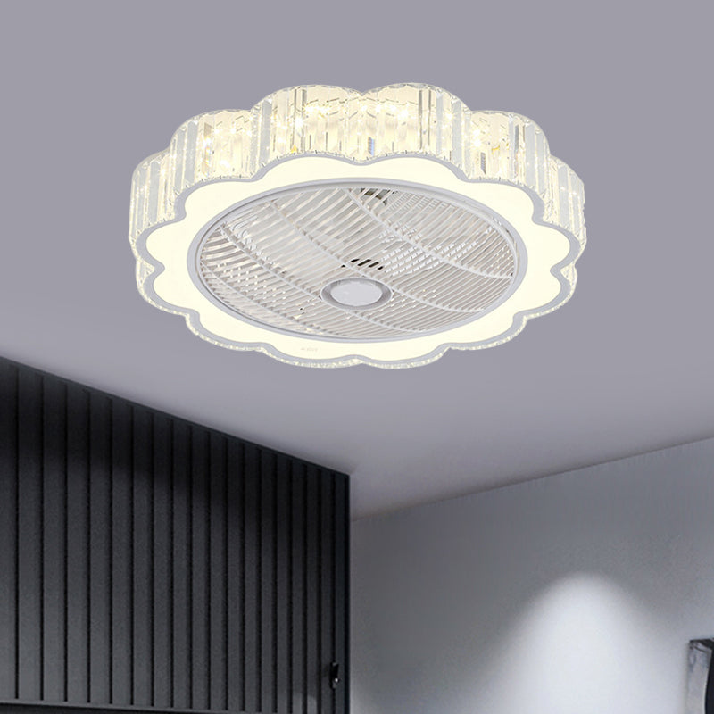 White Floral Semi-Flush Mount Modern Crystal Shade LED Bedroom Ceiling Fan Light, 24.5" Width White Clearhalo 'Ceiling Fans with Lights' 'Ceiling Fans' 'Modern Ceiling Fans' 'Modern' Lighting' 1409151