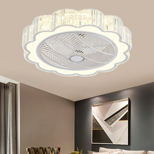 White Floral Semi-Flush Mount Modern Crystal Shade LED Bedroom Ceiling Fan Light, 24.5" Width Clearhalo 'Ceiling Fans with Lights' 'Ceiling Fans' 'Modern Ceiling Fans' 'Modern' Lighting' 1409152