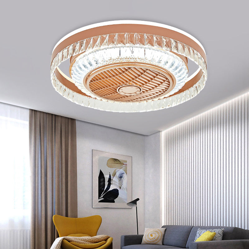 Crystal Blocks Copper Pendant Fan Lamp Round LED Contemporary Semi-Flush Ceiling Light, 23" Wide Copper Clearhalo 'Ceiling Fans with Lights' 'Ceiling Fans' 'Modern Ceiling Fans' 'Modern' Lighting' 1409155