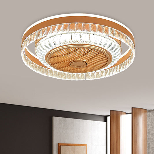 Crystal Blocks Copper Pendant Fan Lamp Round LED Contemporary Semi-Flush Ceiling Light, 23" Wide Clearhalo 'Ceiling Fans with Lights' 'Ceiling Fans' 'Modern Ceiling Fans' 'Modern' Lighting' 1409156