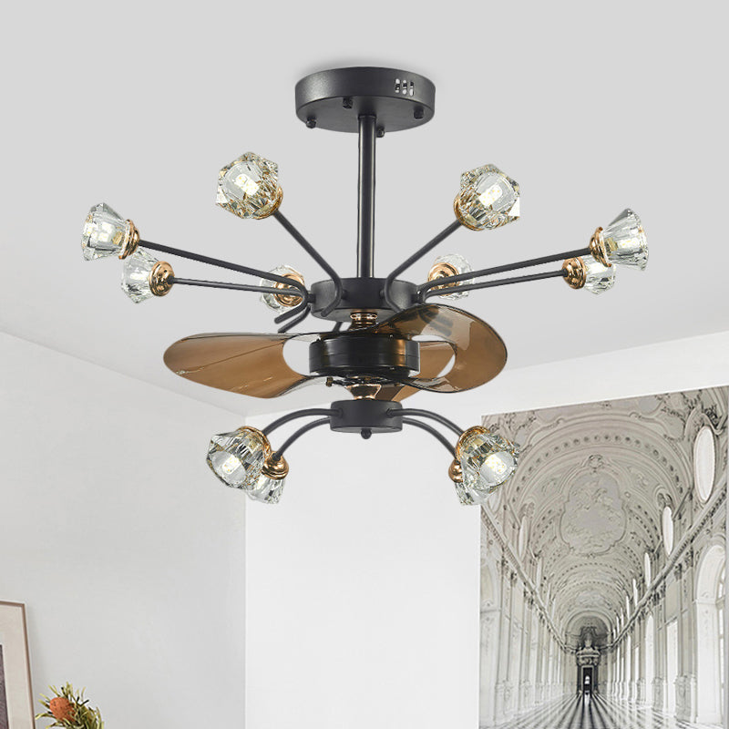 Traditional Swirled Arms Semi-Flush Mount 12 Heads Crystal Floral Shade 3 Blades Hanging Fan Lamp in Black, 30" Wide Black Clearhalo 'Ceiling Fans with Lights' 'Ceiling Fans' Lighting' 1409159