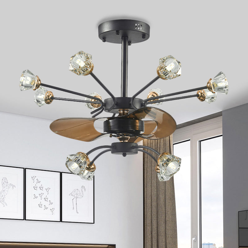 Traditional Swirled Arms Semi-Flush Mount 12 Heads Crystal Floral Shade 3 Blades Hanging Fan Lamp in Black, 30" Wide Clearhalo 'Ceiling Fans with Lights' 'Ceiling Fans' Lighting' 1409160