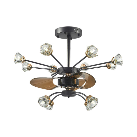 Traditional Swirled Arms Semi-Flush Mount 12 Heads Crystal Floral Shade 3 Blades Hanging Fan Lamp in Black, 30" Wide Clearhalo 'Ceiling Fans with Lights' 'Ceiling Fans' Lighting' 1409161