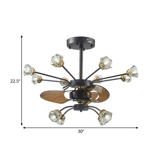 Traditional Swirled Arms Semi-Flush Mount 12 Heads Crystal Floral Shade 3 Blades Hanging Fan Lamp in Black, 30" Wide Clearhalo 'Ceiling Fans with Lights' 'Ceiling Fans' Lighting' 1409162