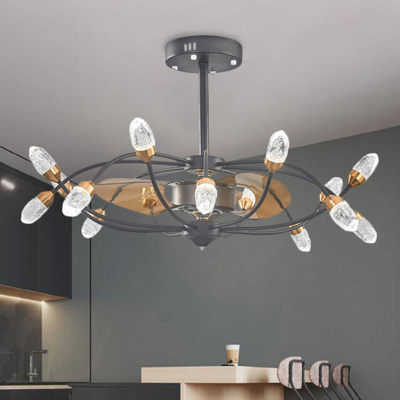 Black 15 Heads Semi Flush Traditional Bubble Crystal Shade Bent Arm Frame Pendant Fan Lamp with 3 Blades, 35.5" Width Clearhalo 'Ceiling Fans with Lights' 'Ceiling Fans' Lighting' 1409168
