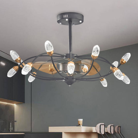 Black 15 Heads Semi Flush Traditional Bubble Crystal Shade Bent Arm Frame Pendant Fan Lamp with 3 Blades, 35.5" Width Clearhalo 'Ceiling Fans with Lights' 'Ceiling Fans' Lighting' 1409168