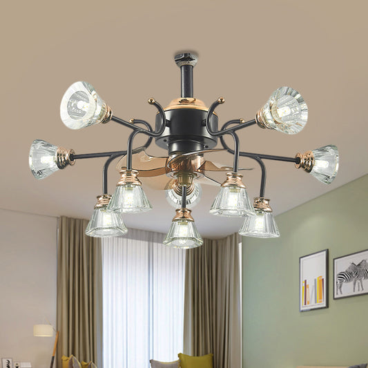 Curved Arms Crystal Bell Shade Semi Flush Traditional 10 Bulbs Living Room 5 Blades Ceiling Fan Light, 25.5" Wide Clearhalo 'Ceiling Fans with Lights' 'Ceiling Fans' Lighting' 1409172