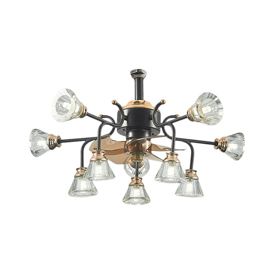 Curved Arms Crystal Bell Shade Semi Flush Traditional 10 Bulbs Living Room 5 Blades Ceiling Fan Light, 25.5" Wide Clearhalo 'Ceiling Fans with Lights' 'Ceiling Fans' Lighting' 1409173