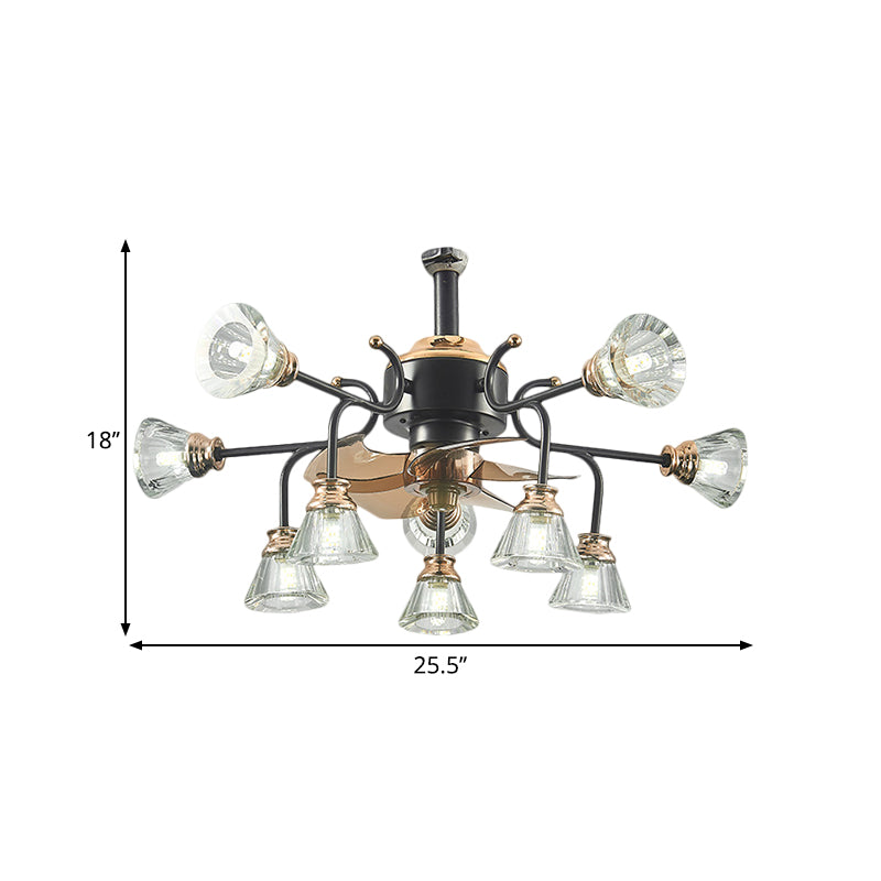 Curved Arms Crystal Bell Shade Semi Flush Traditional 10 Bulbs Living Room 5 Blades Ceiling Fan Light, 25.5" Wide Clearhalo 'Ceiling Fans with Lights' 'Ceiling Fans' Lighting' 1409174