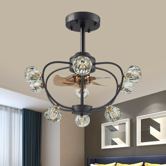 9 Bulbs Curved Metal Frame Pendant Fan Light Traditional Black Crystal Orb Shade Semi Flush with 5 Blades, 24.5" Wide Black Clearhalo 'Ceiling Fans with Lights' 'Ceiling Fans' Lighting' 1409175