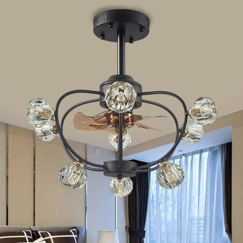 9 Bulbs Curved Metal Frame Pendant Fan Light Traditional Black Crystal Orb Shade Semi Flush with 5 Blades, 24.5" Wide Clearhalo 'Ceiling Fans with Lights' 'Ceiling Fans' Lighting' 1409176