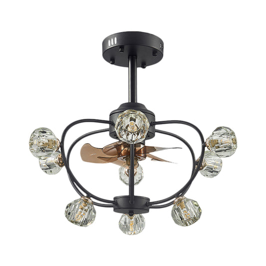 9 Bulbs Curved Metal Frame Pendant Fan Light Traditional Black Crystal Orb Shade Semi Flush with 5 Blades, 24.5" Wide Clearhalo 'Ceiling Fans with Lights' 'Ceiling Fans' Lighting' 1409177