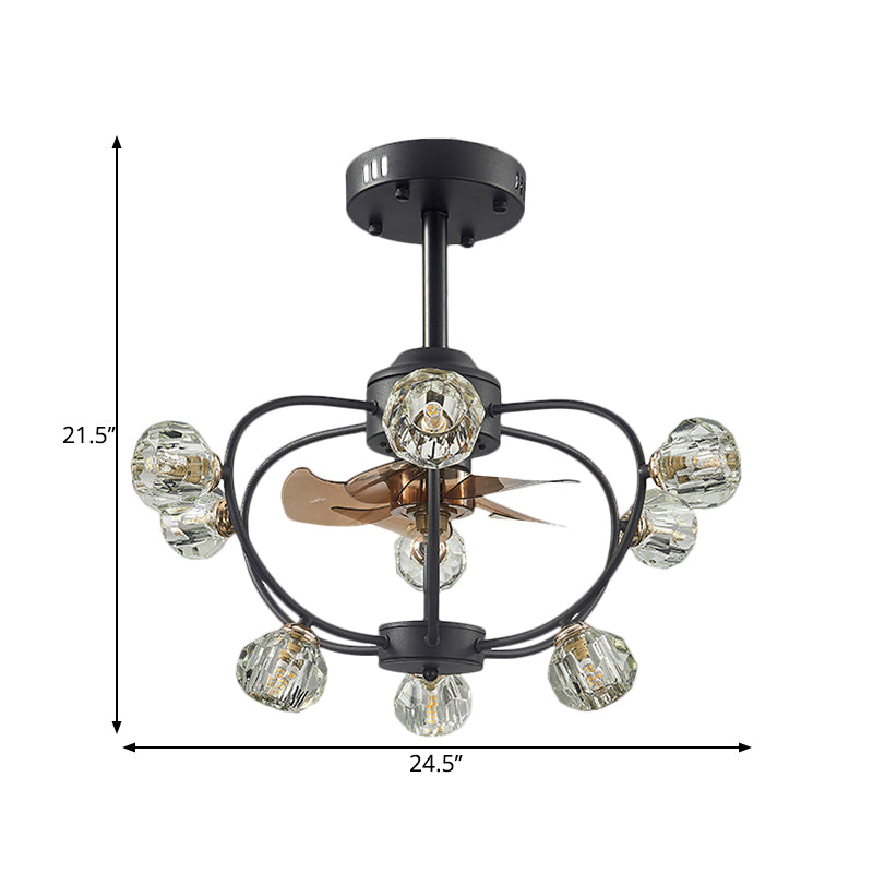 9 Bulbs Curved Metal Frame Pendant Fan Light Traditional Black Crystal Orb Shade Semi Flush with 5 Blades, 24.5" Wide Clearhalo 'Ceiling Fans with Lights' 'Ceiling Fans' Lighting' 1409178
