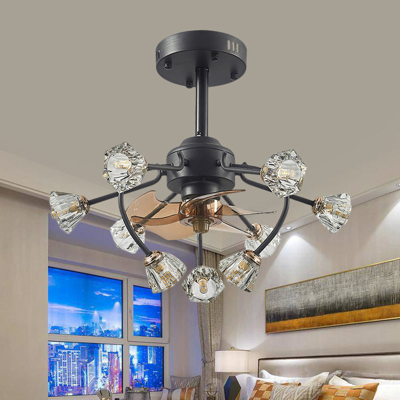 Traditional Curvy Arms Hanging Fan Lamp 9 Heads Crystal Bell Shade 5 Blades Semi Flush Light in Black, 23.5" Width Black Clearhalo 'Ceiling Fans with Lights' 'Ceiling Fans' Lighting' 1409179