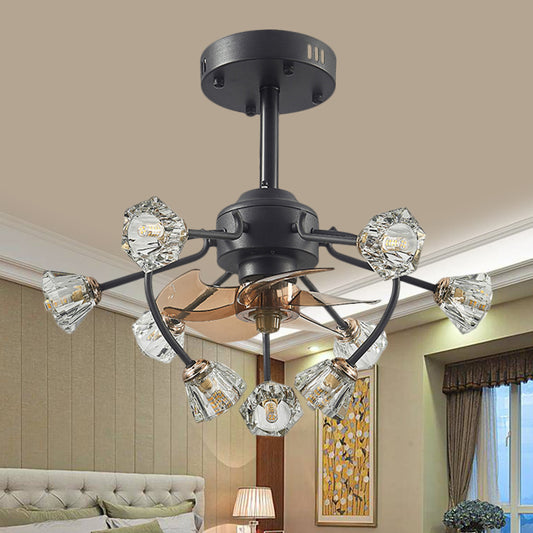 Traditional Curvy Arms Hanging Fan Lamp 9 Heads Crystal Bell Shade 5 Blades Semi Flush Light in Black, 23.5" Width Clearhalo 'Ceiling Fans with Lights' 'Ceiling Fans' Lighting' 1409180
