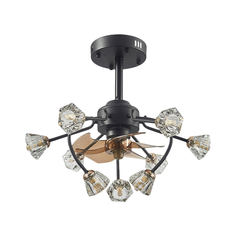 Traditional Curvy Arms Hanging Fan Lamp 9 Heads Crystal Bell Shade 5 Blades Semi Flush Light in Black, 23.5" Width Clearhalo 'Ceiling Fans with Lights' 'Ceiling Fans' Lighting' 1409181