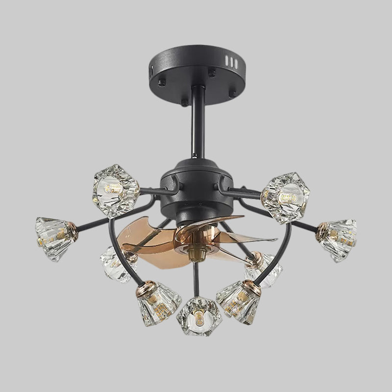 Traditional Curvy Arms Hanging Fan Lamp 9 Heads Crystal Bell Shade 5 Blades Semi Flush Light in Black, 23.5" Width Clearhalo 'Ceiling Fans with Lights' 'Ceiling Fans' Lighting' 1409182