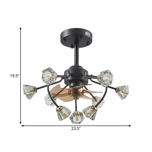 Traditional Curvy Arms Hanging Fan Lamp 9 Heads Crystal Bell Shade 5 Blades Semi Flush Light in Black, 23.5" Width Clearhalo 'Ceiling Fans with Lights' 'Ceiling Fans' Lighting' 1409183