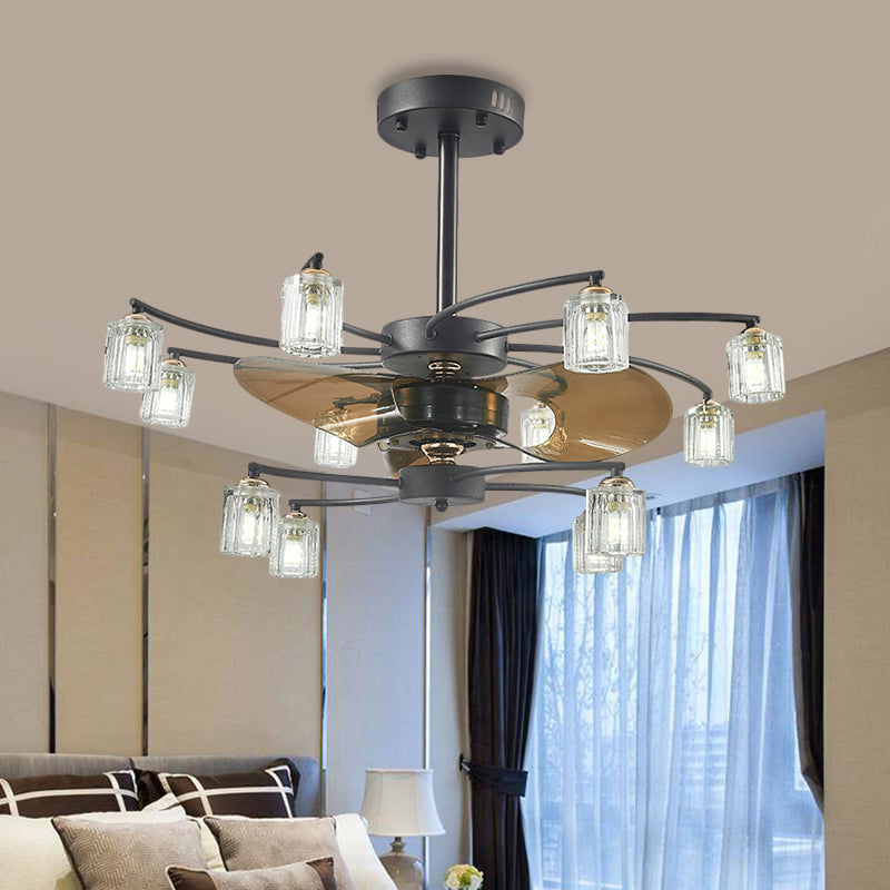 12 Bulbs Pendant Fan Light Traditional Swirled Arms Crystal Cylinder Shade 3 Blades Semi-Flush Mount, 31.5" Wide Black Clearhalo 'Ceiling Fans with Lights' 'Ceiling Fans' Lighting' 1409184