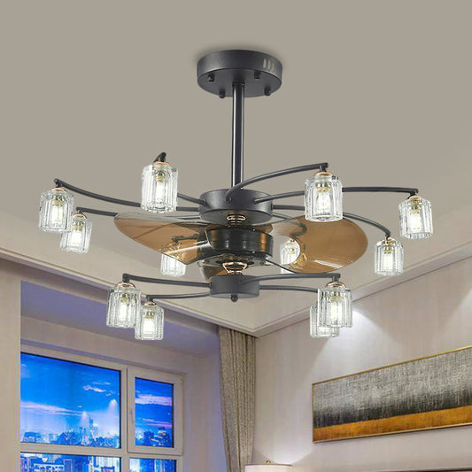 12 Bulbs Pendant Fan Light Traditional Swirled Arms Crystal Cylinder Shade 3 Blades Semi-Flush Mount, 31.5" Wide Clearhalo 'Ceiling Fans with Lights' 'Ceiling Fans' Lighting' 1409185