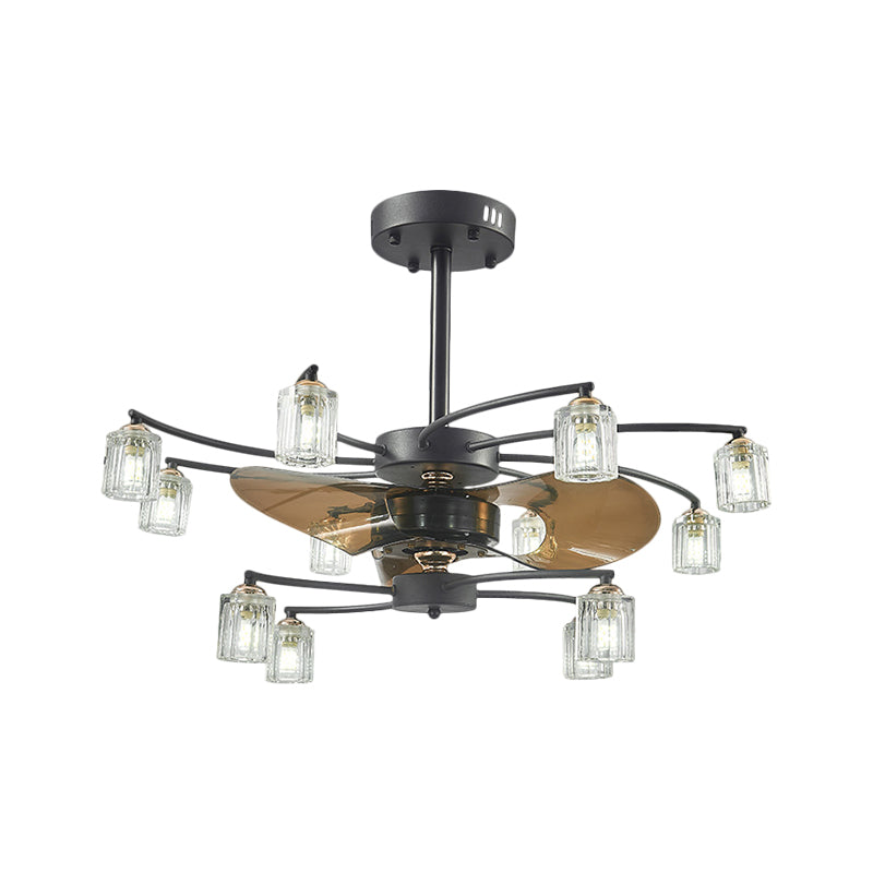 12 Bulbs Pendant Fan Light Traditional Swirled Arms Crystal Cylinder Shade 3 Blades Semi-Flush Mount, 31.5" Wide Clearhalo 'Ceiling Fans with Lights' 'Ceiling Fans' Lighting' 1409186