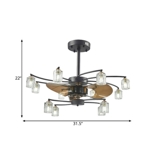 12 Bulbs Pendant Fan Light Traditional Swirled Arms Crystal Cylinder Shade 3 Blades Semi-Flush Mount, 31.5" Wide Clearhalo 'Ceiling Fans with Lights' 'Ceiling Fans' Lighting' 1409187