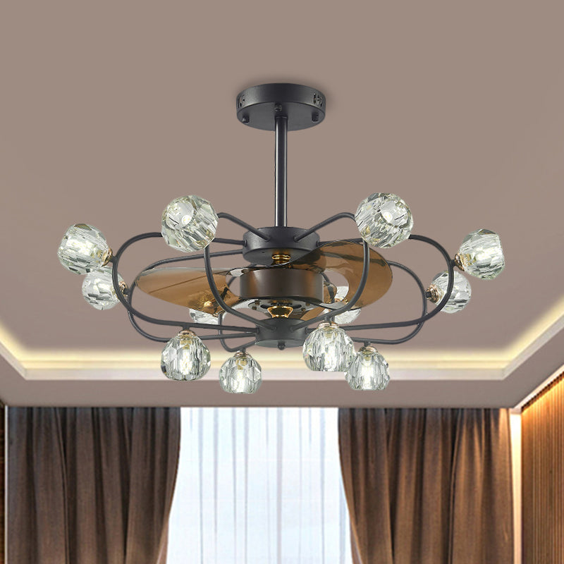 Traditional Swirling Metal Frame Semi Flush 12 Heads Crystal Ball Shade Ceiling Fan Lamp in Black with 3 Blades, 33.5" Wide Black Clearhalo 'Ceiling Fans with Lights' 'Ceiling Fans' Lighting' 1409188