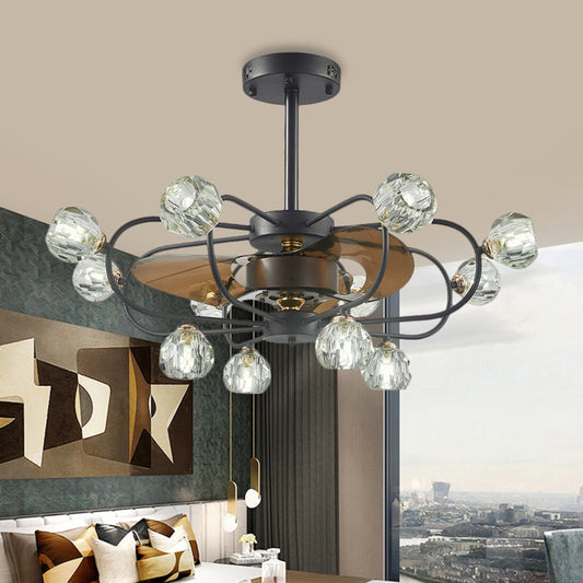 Traditional Swirling Metal Frame Semi Flush 12 Heads Crystal Ball Shade Ceiling Fan Lamp in Black with 3 Blades, 33.5" Wide Clearhalo 'Ceiling Fans with Lights' 'Ceiling Fans' Lighting' 1409189