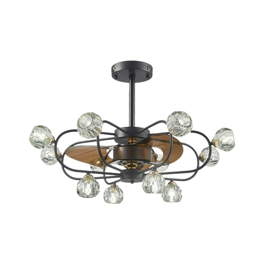 Traditional Swirling Metal Frame Semi Flush 12 Heads Crystal Ball Shade Ceiling Fan Lamp in Black with 3 Blades, 33.5" Wide Clearhalo 'Ceiling Fans with Lights' 'Ceiling Fans' Lighting' 1409190