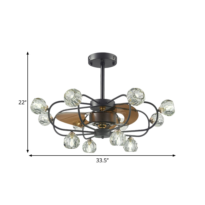 Traditional Swirling Metal Frame Semi Flush 12 Heads Crystal Ball Shade Ceiling Fan Lamp in Black with 3 Blades, 33.5" Wide Clearhalo 'Ceiling Fans with Lights' 'Ceiling Fans' Lighting' 1409191