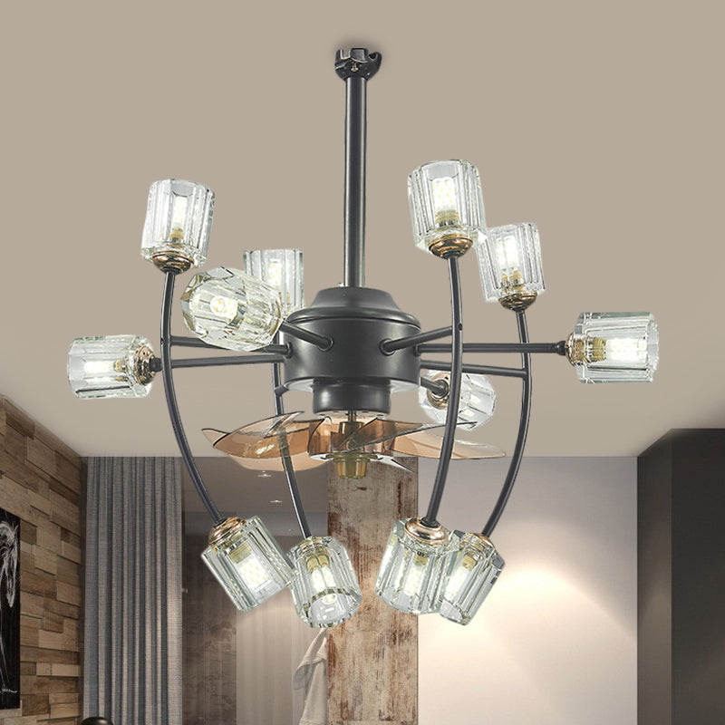 23.5 Wide 12 Bulbs Hanging Fan Light Traditional Scroll Frame Crystal Cylinder Shade 3 Blades Semi-Flush in Black Clearhalo 'Ceiling Fans with Lights' 'Ceiling Fans' Lighting' 1409193