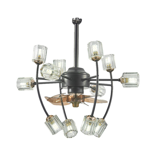 23.5 Wide 12 Bulbs Hanging Fan Light Traditional Scroll Frame Crystal Cylinder Shade 3 Blades Semi-Flush in Black Clearhalo 'Ceiling Fans with Lights' 'Ceiling Fans' Lighting' 1409194