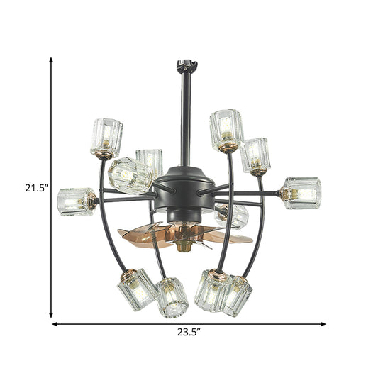 23.5 Wide 12 Bulbs Hanging Fan Light Traditional Scroll Frame Crystal Cylinder Shade 3 Blades Semi-Flush in Black Clearhalo 'Ceiling Fans with Lights' 'Ceiling Fans' Lighting' 1409195