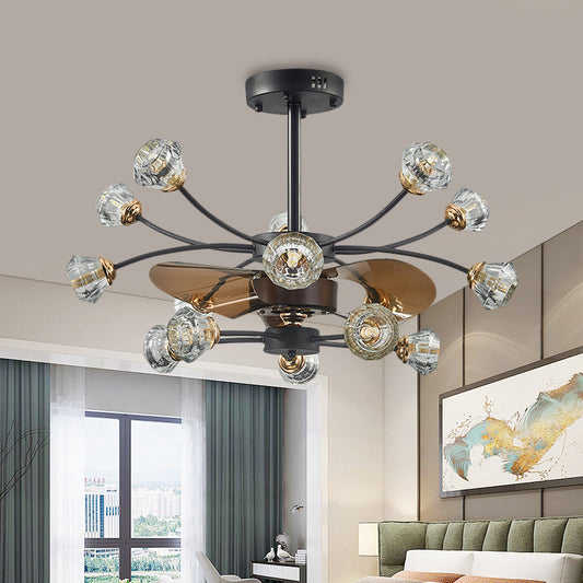 Black 14 Bulbs Semi Flush Light Traditional Crystal Diamond Shade Scrolls 3 Blades Pendant Fan Lamp, 31.5" Width Black Clearhalo 'Ceiling Fans with Lights' 'Ceiling Fans' Lighting' 1409196