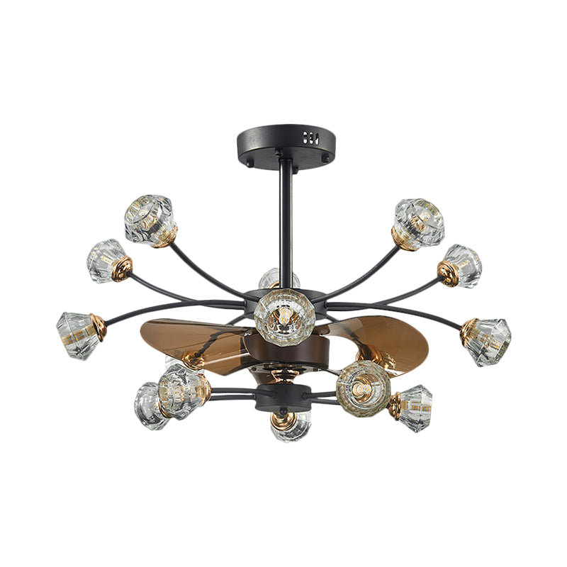 Black 14 Bulbs Semi Flush Light Traditional Crystal Diamond Shade Scrolls 3 Blades Pendant Fan Lamp, 31.5" Width Clearhalo 'Ceiling Fans with Lights' 'Ceiling Fans' Lighting' 1409198
