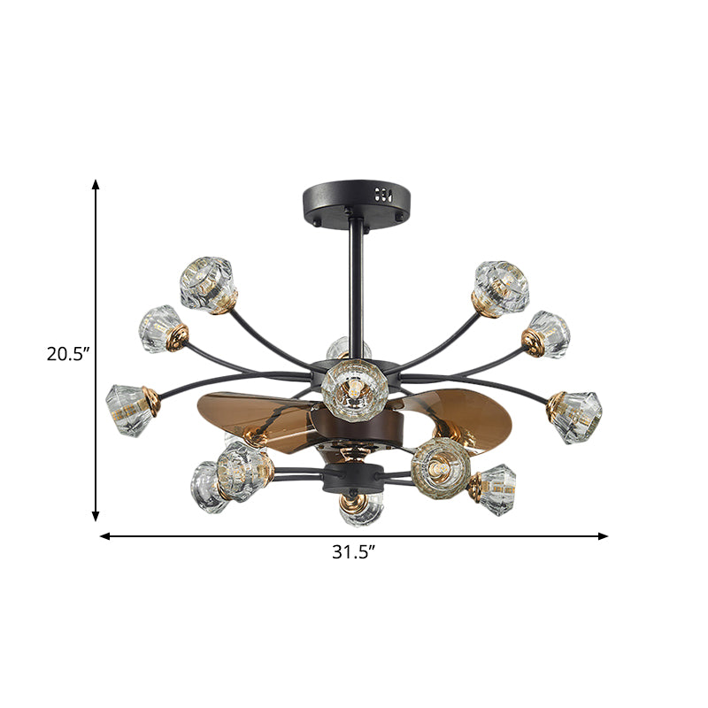 Black 14 Bulbs Semi Flush Light Traditional Crystal Diamond Shade Scrolls 3 Blades Pendant Fan Lamp, 31.5" Width Clearhalo 'Ceiling Fans with Lights' 'Ceiling Fans' Lighting' 1409199
