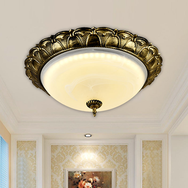 16"/19.5" W Dome Shape Hallway Ceiling Flush Vintage Frosted Glass White/Brass LED Flush Mount Lighting in Warm/White Light Brass Clearhalo 'Ceiling Lights' 'Close To Ceiling Lights' 'Close to ceiling' 'Flush mount' Lighting' 1409209