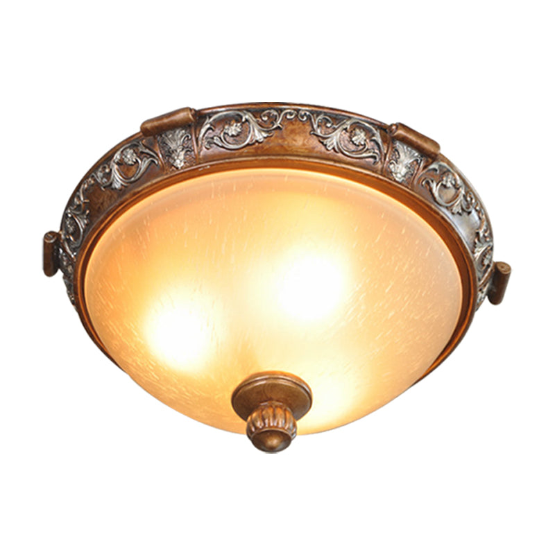 Opal Glass Dome-Shaped Ceiling Lighting Retro Style 3/5-Bulb Drawing Room Flush Light Fixture with Carving Flower in Brown, 16"/19.5"/21.5" Width